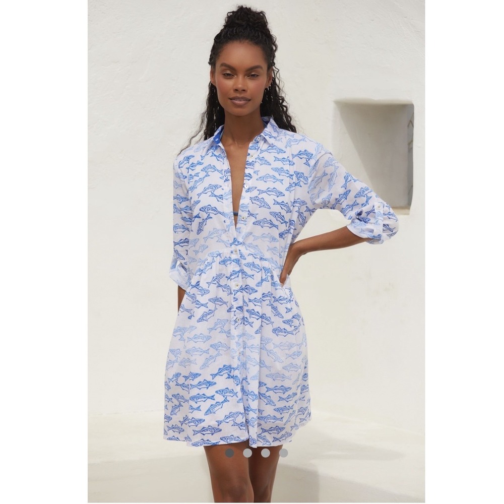 Ro's Garden Deauville Fish Print Resort Mini Shirt Dress Vacation Coastal XS